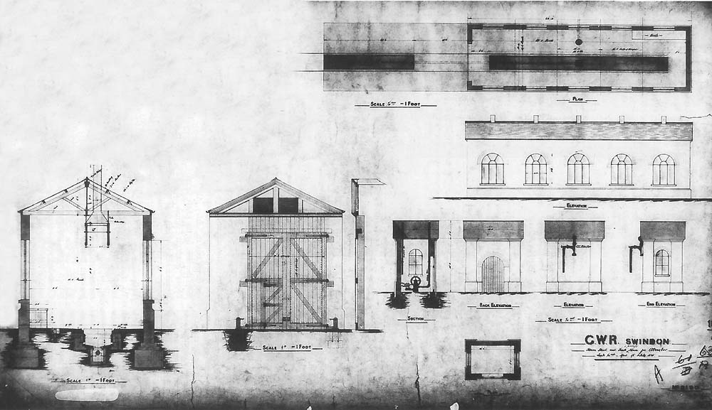 A GWR drawing showing a plan, sectional and side views of Alcester Railway's single road engine shed and water tower