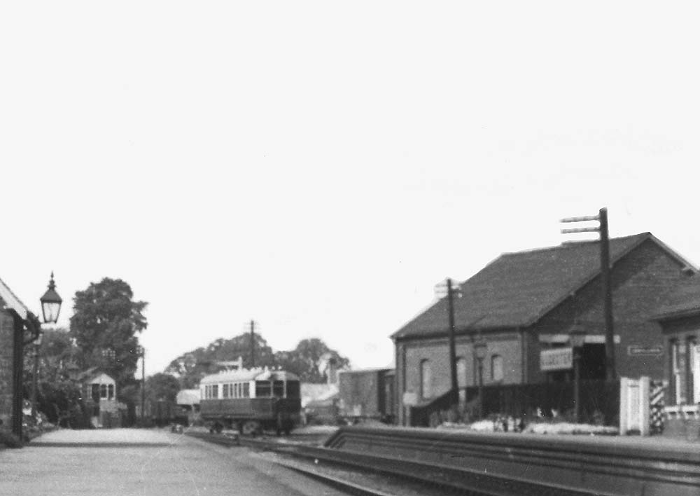 Close up showing the branches' GWR Auto Trailer standing in the throat of the station's goods yard