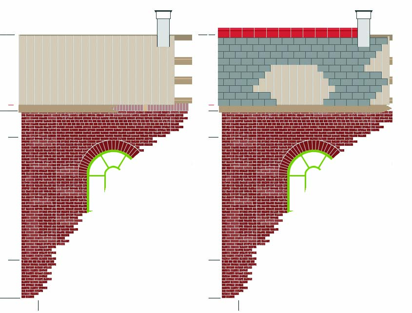 Two sections showing details of the shed's fully boarded roof on the left and the tiles and chimneys on the right