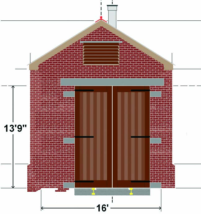 The front elevation showing details of the shed's off-centre double doors and louvered ventilation