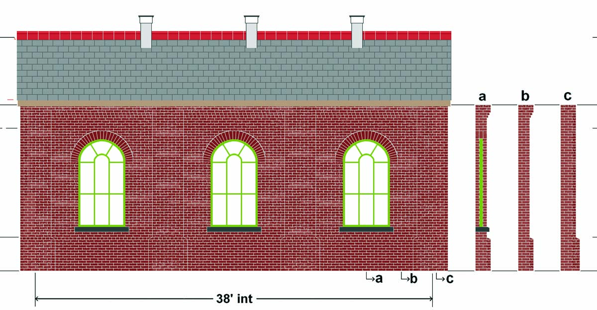 A side elevation showing details of the side of the shed plus three sections through the wall