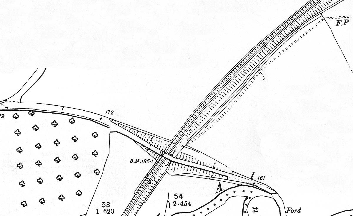Ordnance Survey Map showing the location of the minor bridge crossing the railway at 2 miles 53 chains
