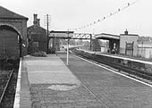 Looking towards Hatton along the up platform with the main station building located on the up platform and the goods shed on the left