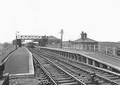 The Hatton end of Bearley Station viewed from the road bridge, showing the new platform extensions on 19th May 1939