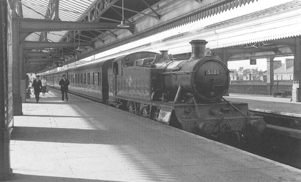 Ex-GWR 2-6-2T 'Large Prairie' No 5101, the first member of this class of ten locomotives, is seen standing at Bay Platform 9 at the head of a Class B local stopping service