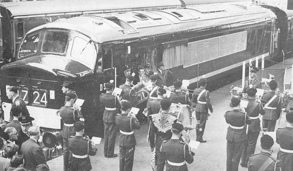British Railways Sulzer Type 4 diesel locomotive D59 is seen being named 'Royal Warwickshire Fusilier' in a ceremony at Platform 7 on 22nd May 1964