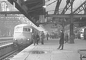 British Railways' flagship Blue Pullman is seen arriving at Platform 5 with the 4 50pm Paddington to Wolverhampton service on 9th April 1962