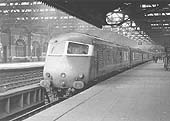 British Railways Blue Pullman is seen departing Platform 5 wrong road at the head of the 1 00pm service from Snow Hill to Paddington on 11th October 1966