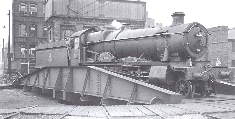 Ex-GWR 4-6-0 Hall class No 4905 'Barton Hall' is seen being turned on Snow Hill station's turntable in preparation to take forward a Class A express service