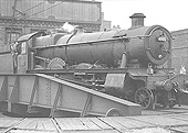 Ex-GWR 4-6-0 Hall class No 4905 'Barton Hall' is seen being turned on Snow Hill station's turntable in preparation to take forward a Class A express service