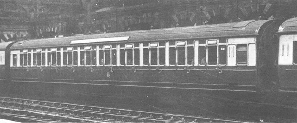 GWR 70ft toplight third class coach No 3686 in the 1943 chocolate and cream livery with twin shield in 1947