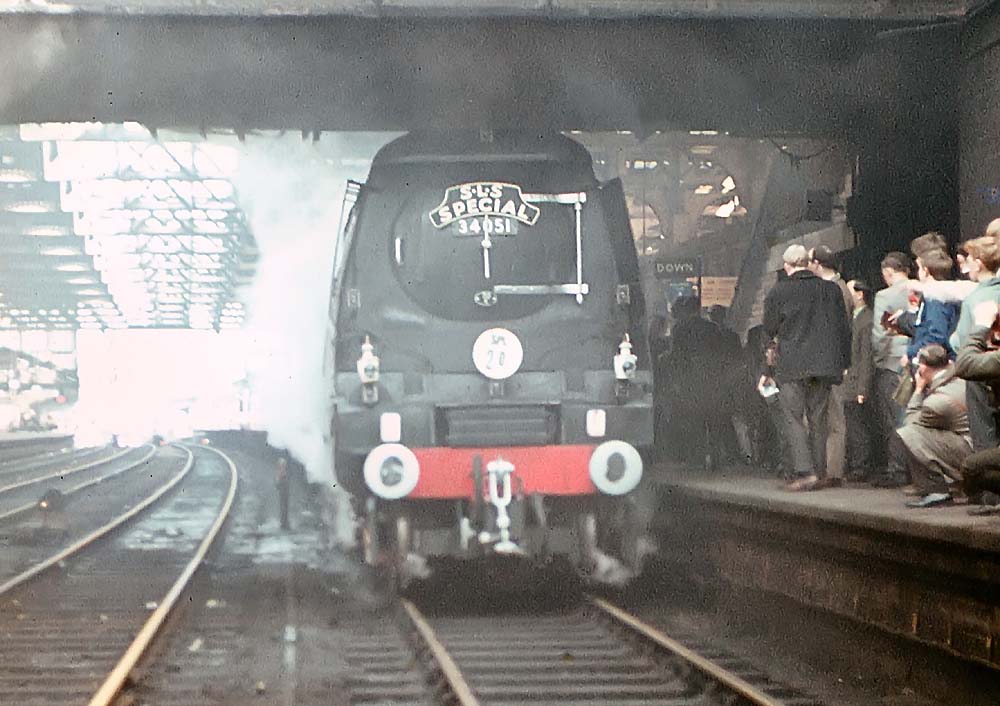Ex-Southern Railway 4-6-2 Battle of Britain class No 34051 'Sir Winston Churchill' arrives with a SLS Special on 23rd May 1965