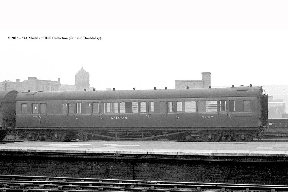 Ex-Great Western Railway Collett Unclassified Nondescript Saloon W9109W built 1929 to Diagram G58 Lot 1400 at Snow Hill circa 1959