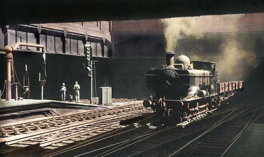 A colourisation by Mark Judd of ex-GWR 0-6-0PT No 8737 emerging out of the black depths of Snow Hill Tunnel