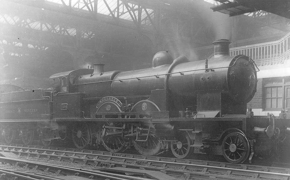 GWR 4-4-2 No 104 Alliance, a French designed locomotive, is seen in original condition standing at Platform 7 on an up express service to Paddington
