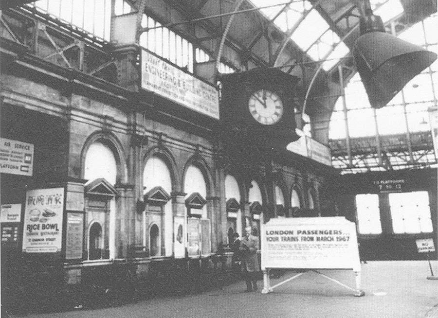 View of the Concourse ticket offices and the notice informing passengers that trains to London would cease in March 1967