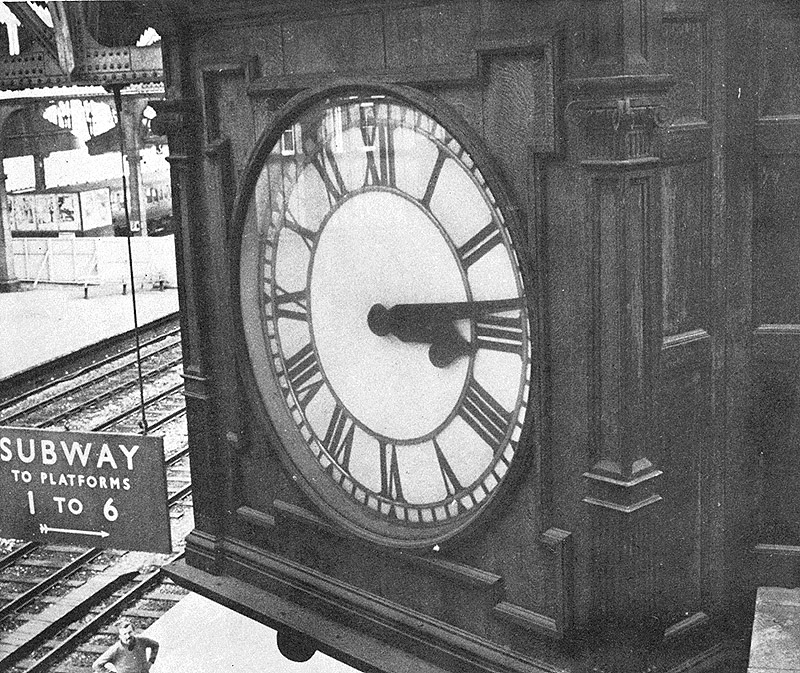 View of Snow Hill station's famous clock located on Platform 7 just before the demolition contractors removed it for sale as scrap