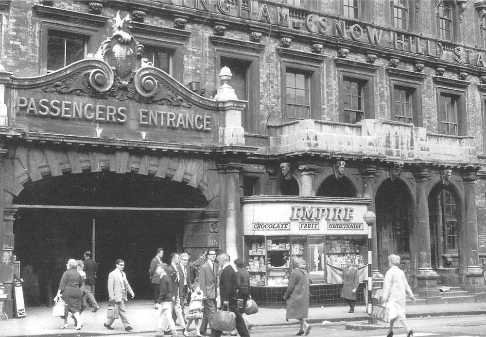 View of the ornate but very dirty passengers entrance to Snow Hill station and the former entrance to the Great Western Hotel