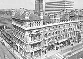 A 1967 elevated view of the Great Western station showing both the ornate roof of the hotel and the array of ridges of the glazed train shed