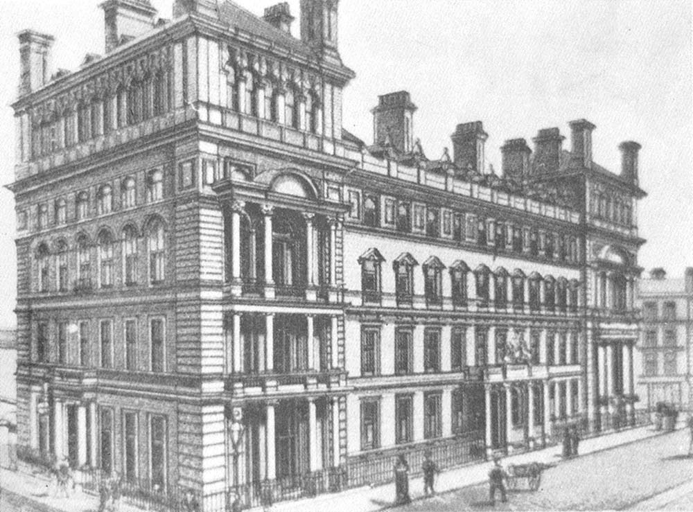 An engraving of the splendidly ornate rebuilt Great Western Hotel erected over the railway cutting as part of the rebuilding of the station