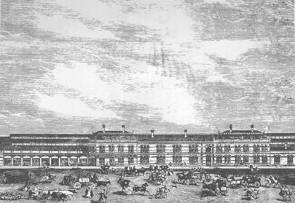 An engraved view depicting the side elevation of the second Snow Hill station which was re-built in 1871 and is seen without boundary railings
