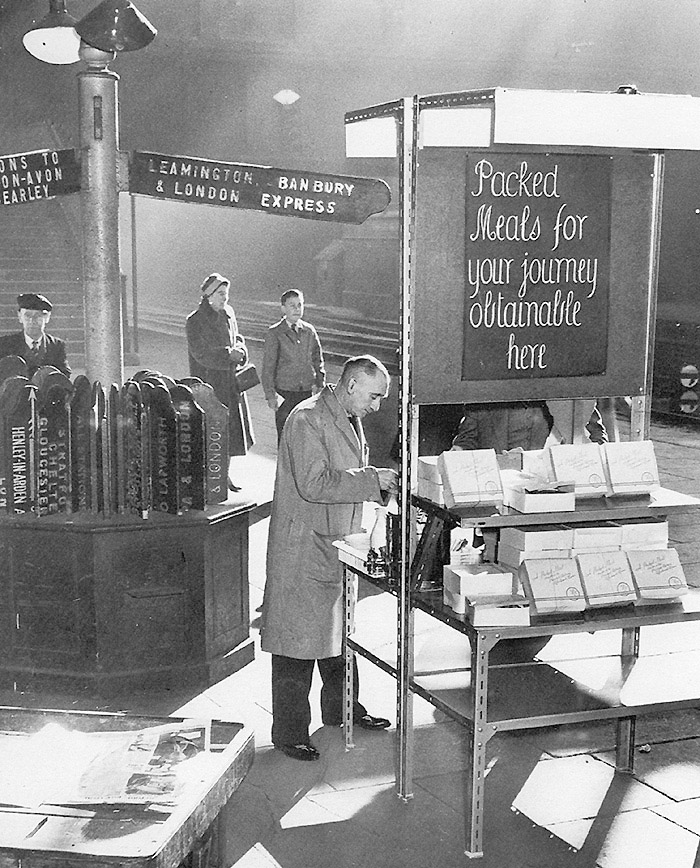 View of the packed meal service located  on Platform 7 which was the alternative to dining in the train's restaurant car in the early 1960s