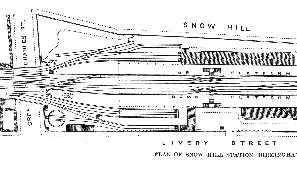Close up of the North end of Snow Hill station showing the location of the Signal Box on the up side adjacent to Great Charles Street