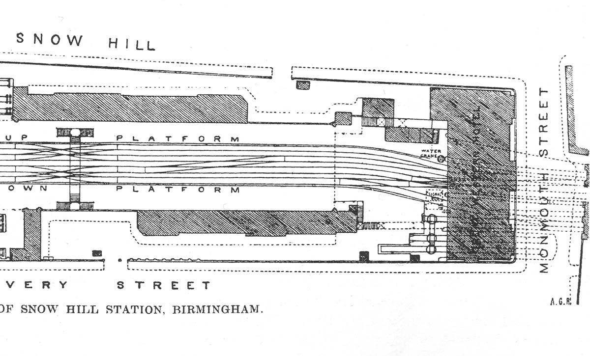 Close up showing the layout of the southern end of Snow Hill station with access being made available via the station access road off Livery Street 