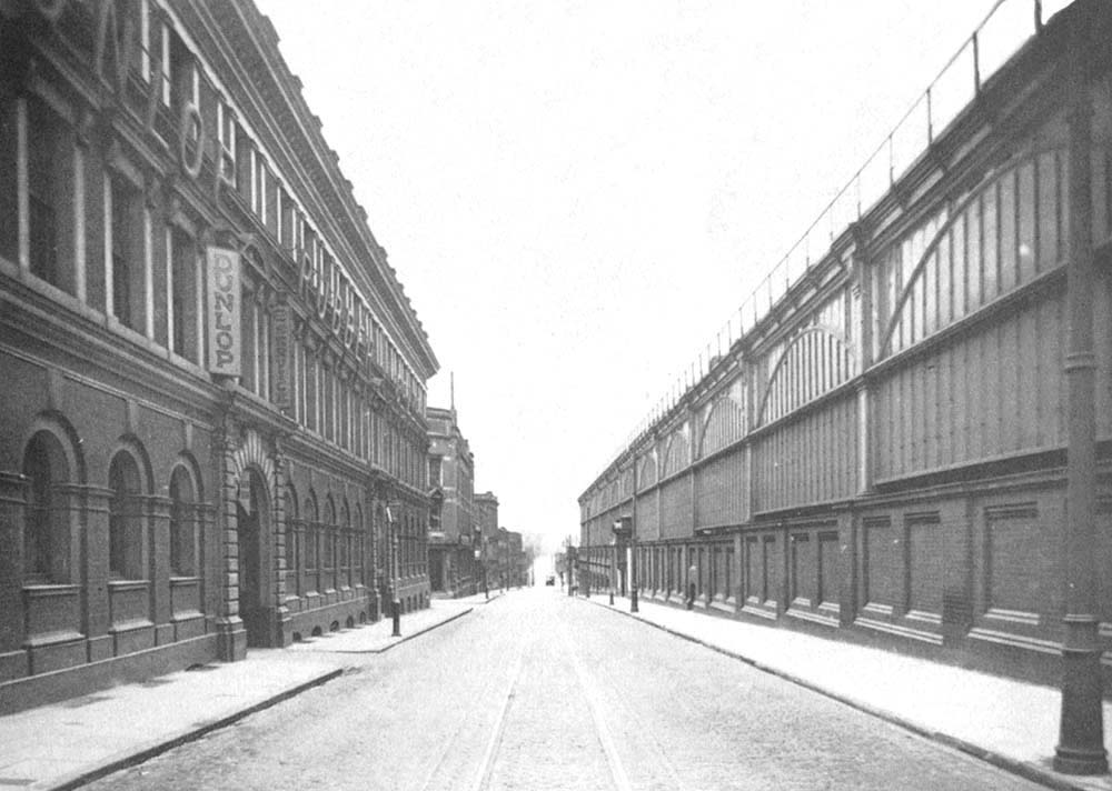 Looking down Livery Street towards Great Charles Street with the Dunlop factory on the left and Snow Hill station on the right