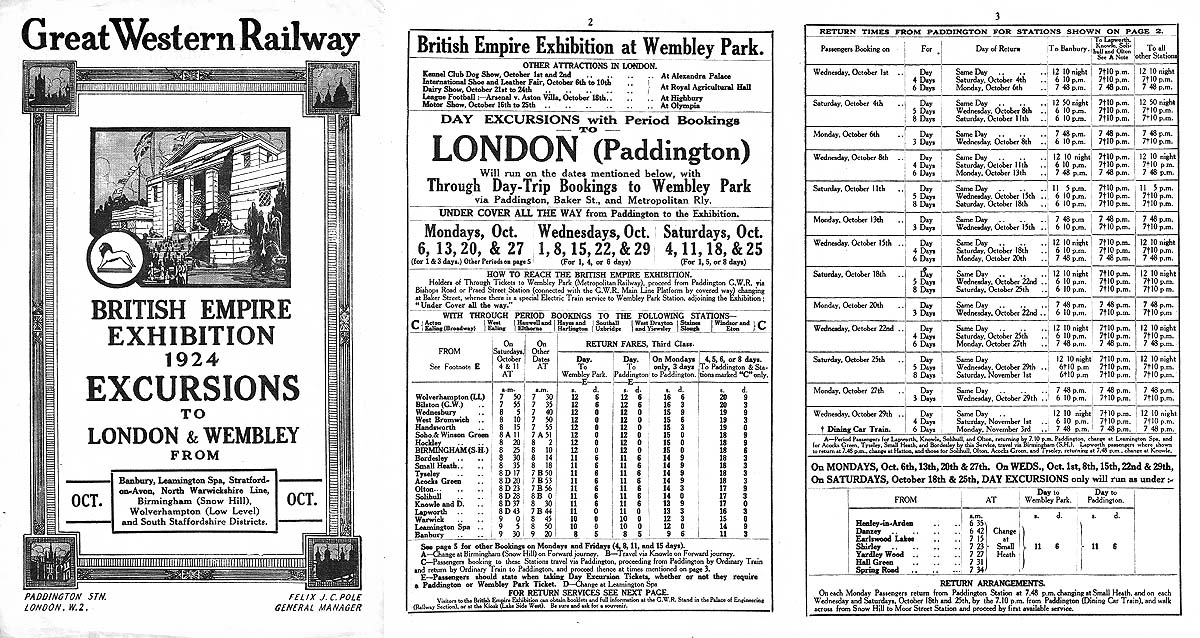 GWR Timetable listing excursions to the 1924 British Empire Exhibition held at Wembley