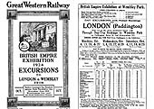 GWR Timetable listing excursions to the 1924 British Empire Exhibition held at Wembley