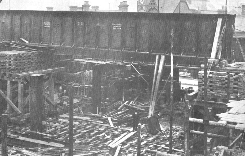 Initial steelwork construction phase of the new Snow Hill station by EC & J Keay Ltd in April 1910