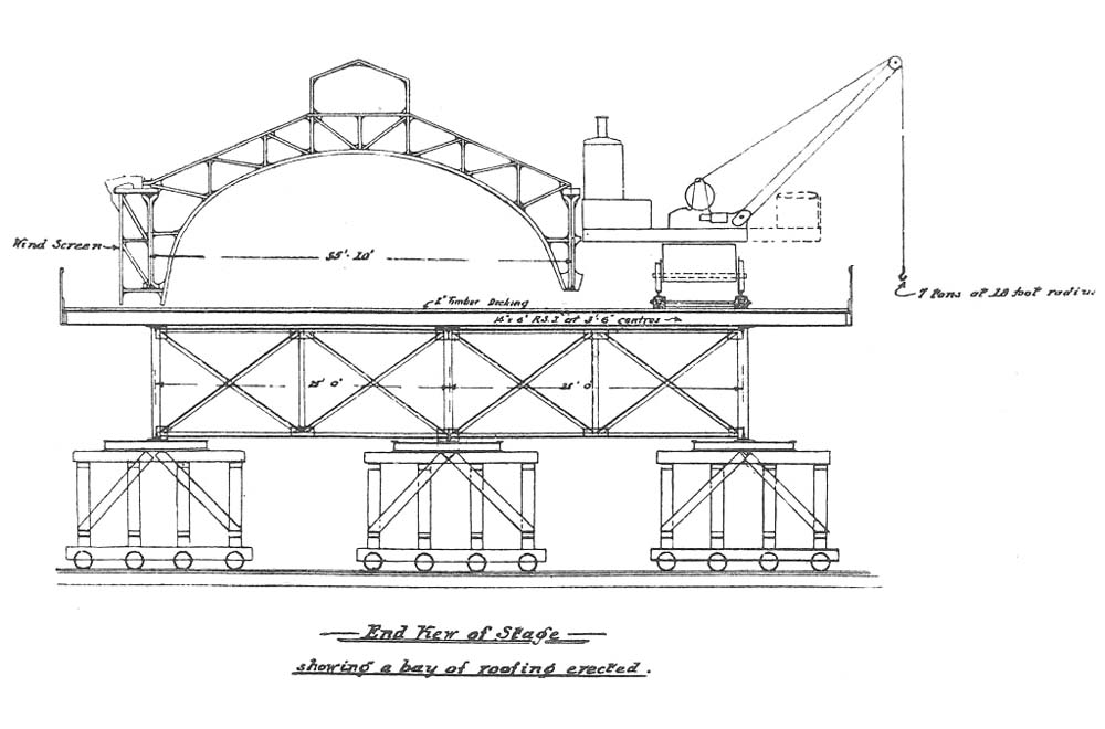 Sketch showing a section through one of the transverse bay trusses above the special stage supported by three wheeled trestles