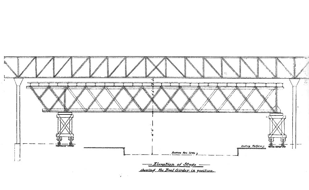 An elevation of the special stage spanning the four tracks between the main platforms and resting on the three pairs of wheeled trestles