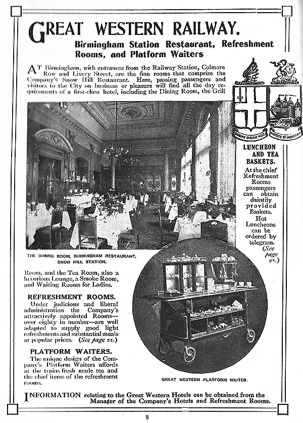 Advertisement from Official Guide to the Great Western Railway dated 1912 for restaurant facilities
