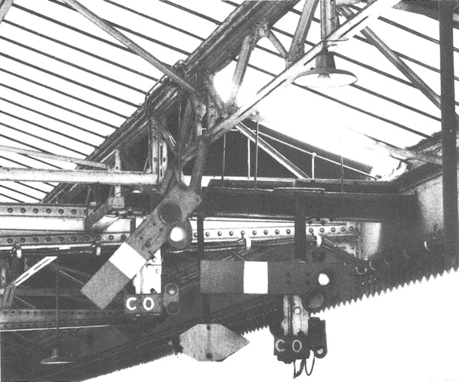 The starting signals under the canopy at the end of down platform No 5 some 241 yards from the Birmingham South Signal Box