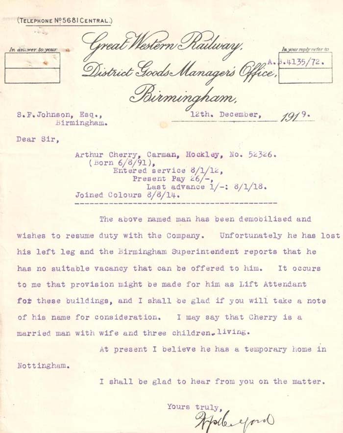 Arthur Cherry was twenty-one when he joined the Great Western Railway in January 1912
