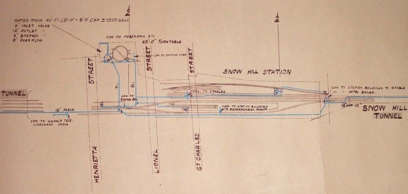 An extract from Great Western Railway Diagram No 104639 showing the water arrangements at Snow Hill Station