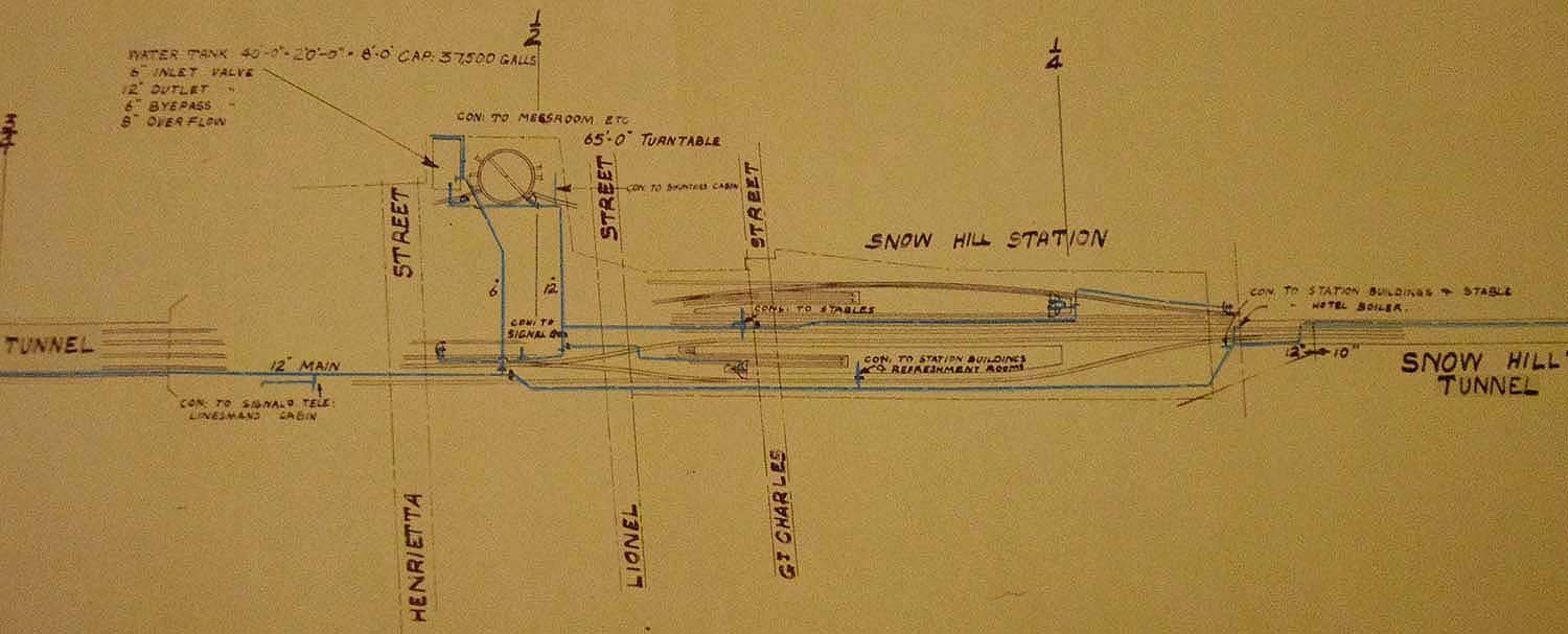 Extract from GWR Diagram No 104639 which shows their private water mains at Hockley, with inserted an annotated Ordnance Survey Map from 1913