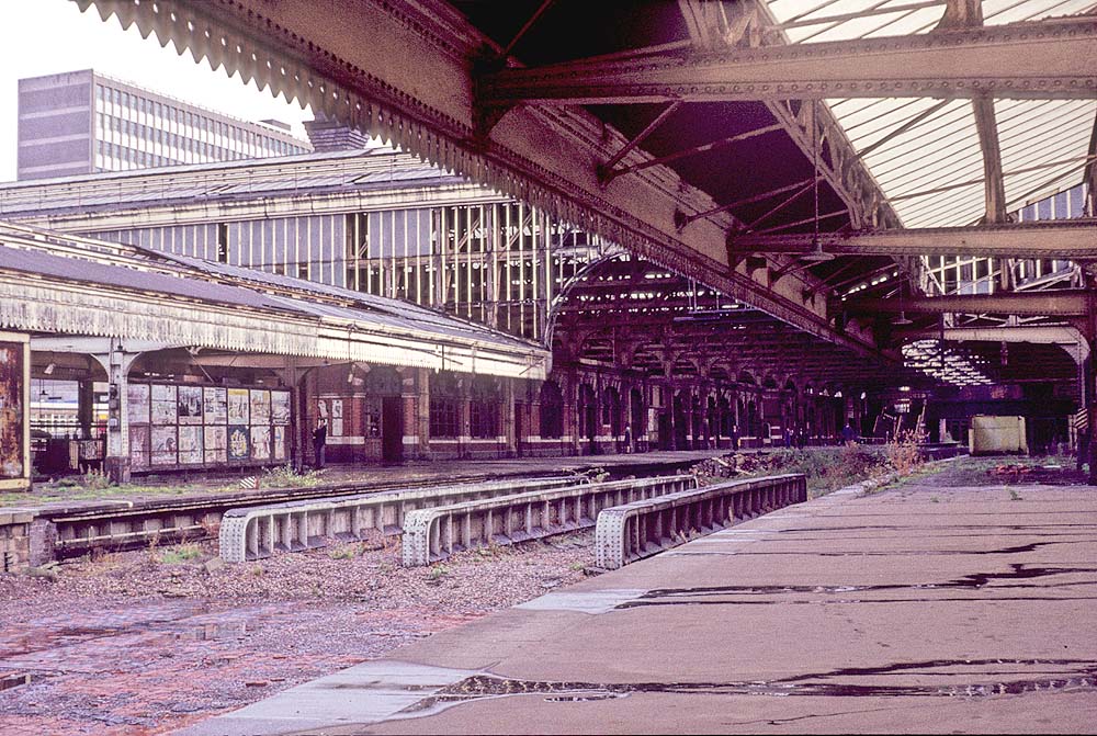 Looking towards the southern end of the station with the girders carrying the trackbed over Great Charles Street in the foreground