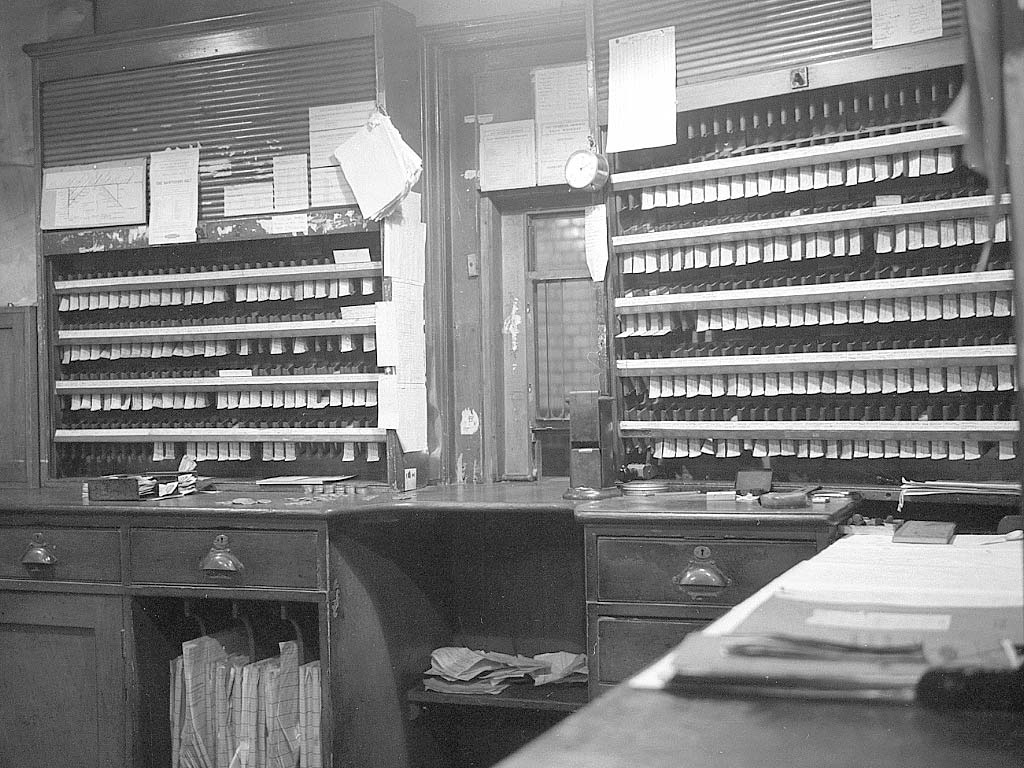 View of the Great Charles Street Booking Office in 1963 with Edmunson Card Stock in background
