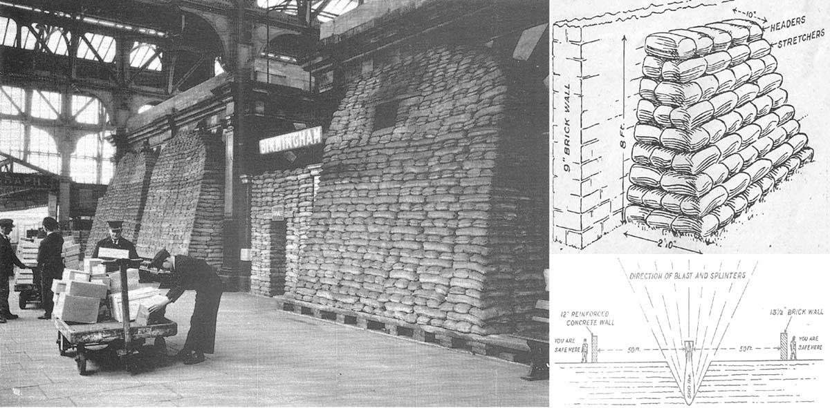 A view of porters working outside the heavily sand bagged telegraph offices on Platform No 7 at Birmingham Snow Hill in 1940