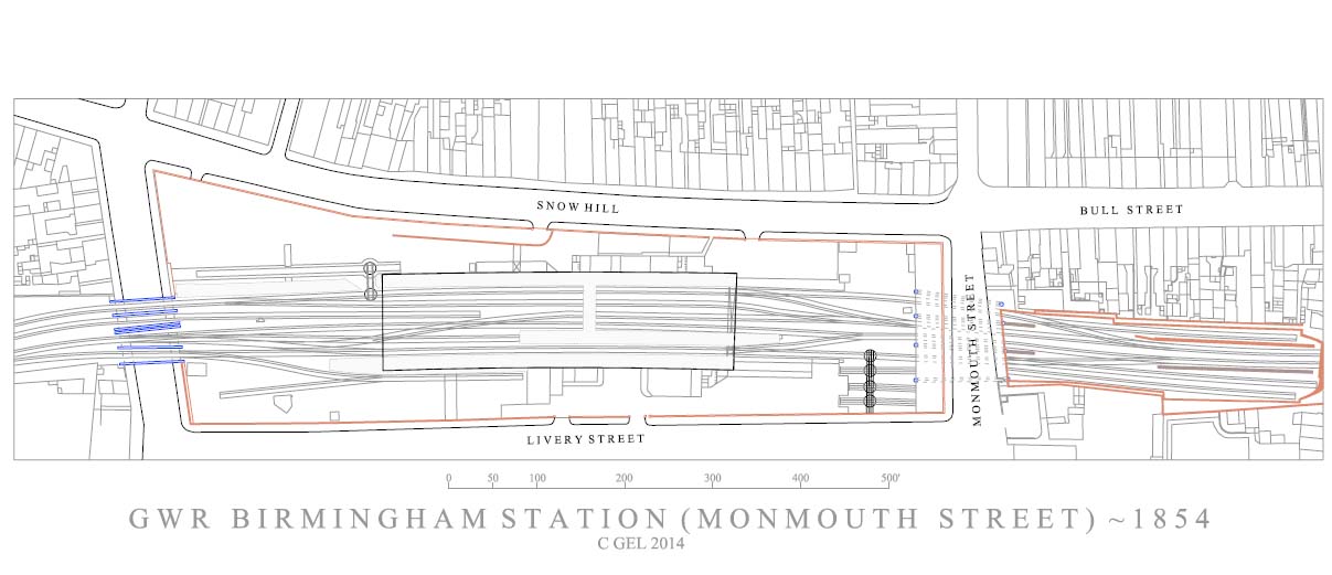 A plan of Monmouth Street station circa 1854 which shows a two sided station with brick constructions on the Up side as well a some similar structures along the Down side