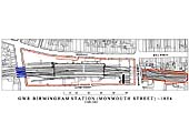 An 1854 plan of Monmouth Street station showing a two sided station with brick constructions on both sides
