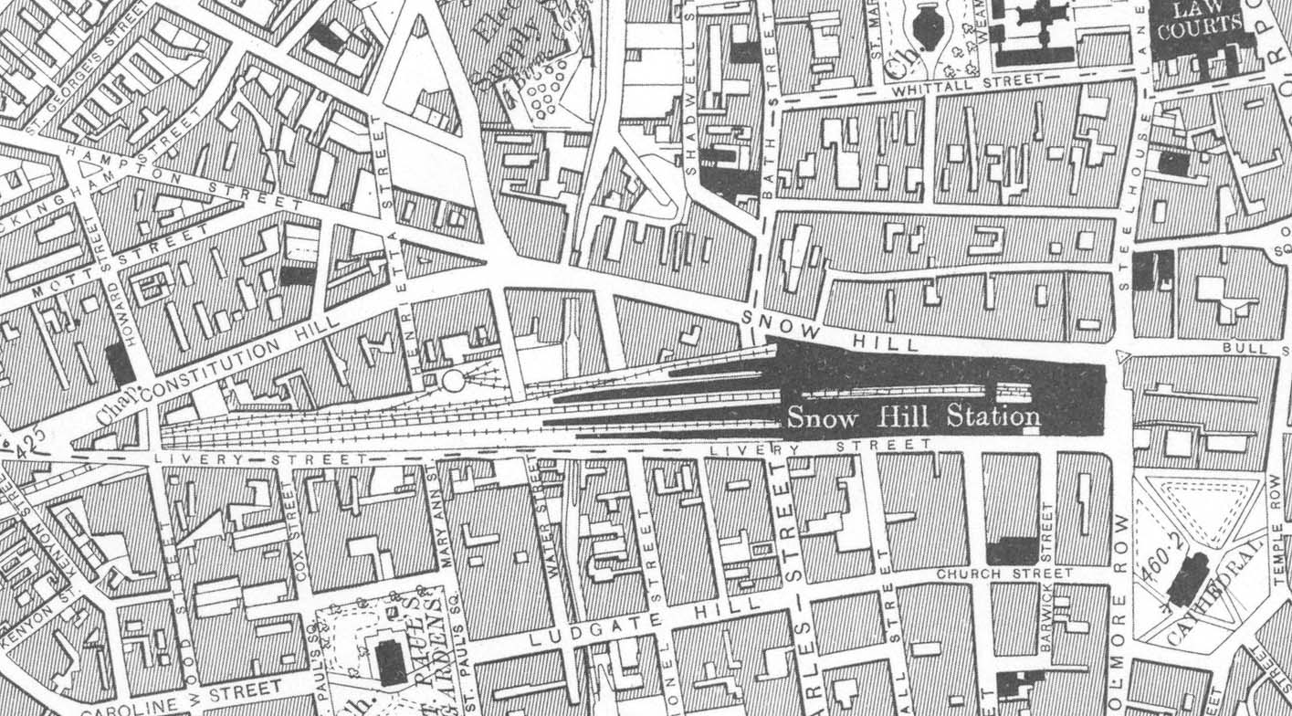 A 1913 Ordnance Survey Map, published in 1920, showing the layout of Snow Hill's third and enlarged station