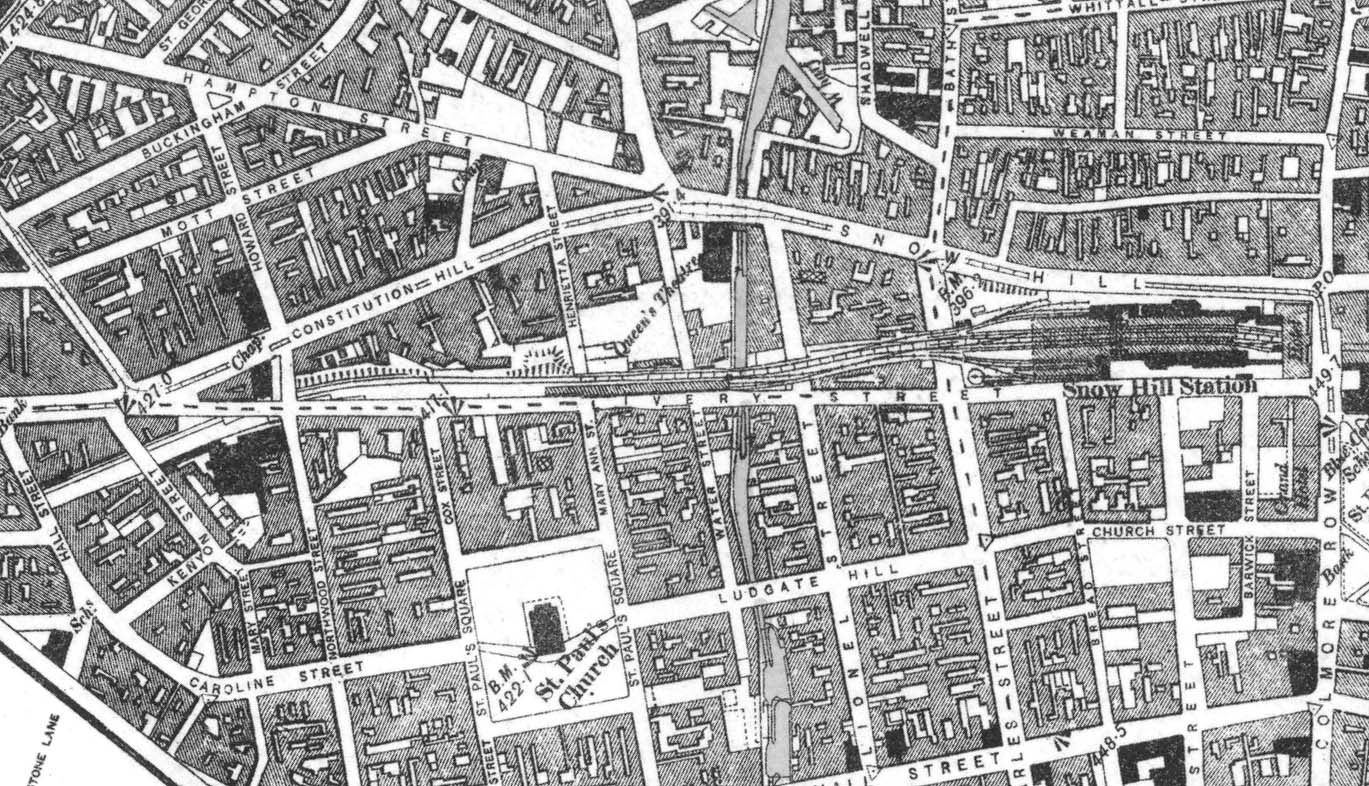 An 1887 Ordnance Survey Map published in 1889 showing the layout of the second Snow Hill station