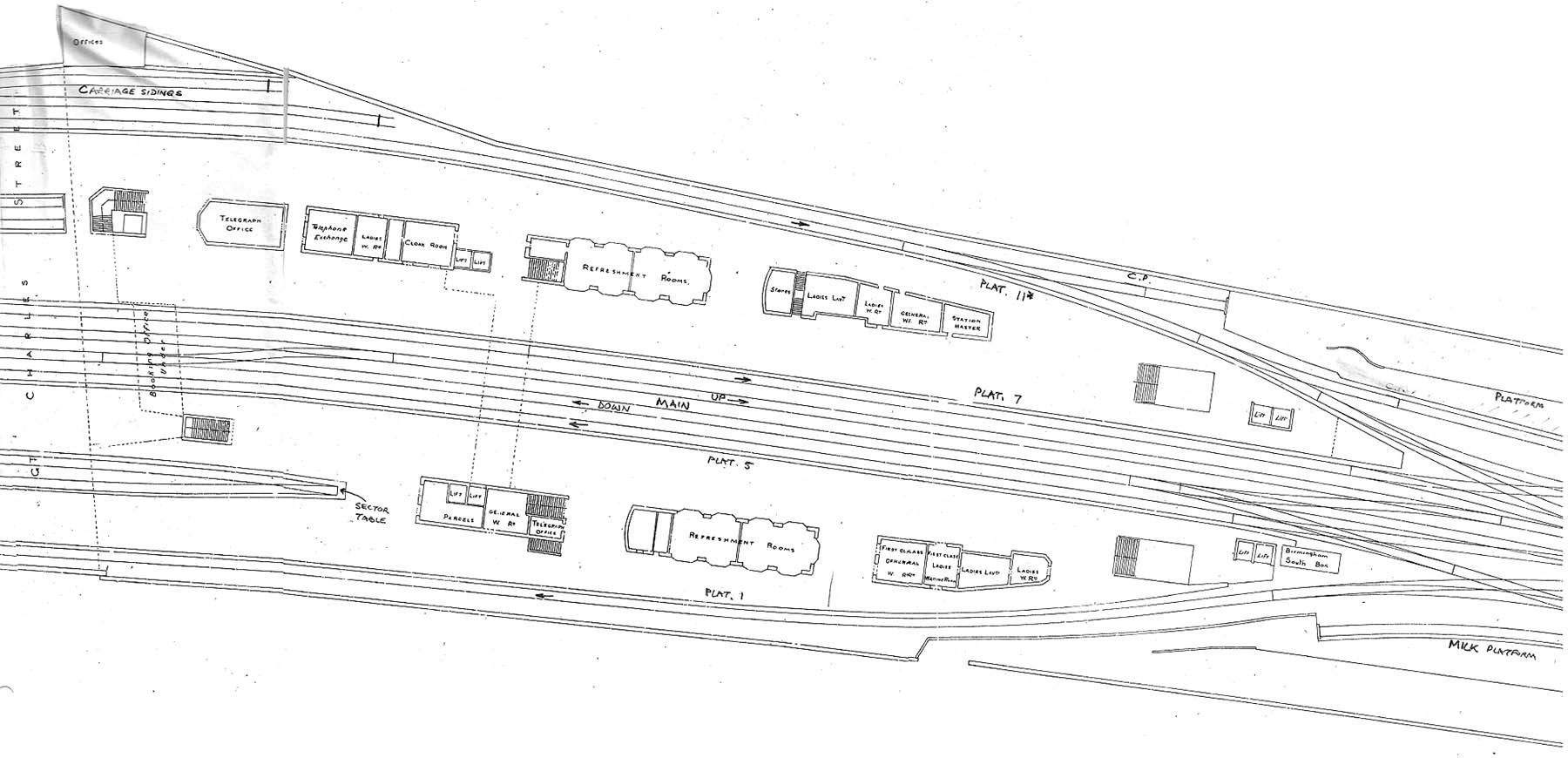 An official plan of the southern end of the platforms of the third Snow Hill Station