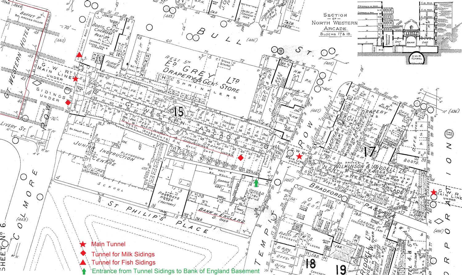 An annotated Fire Insurance map from the 1930s showing the two shopping arcades (Great Western Arcade and North Western Arcade)