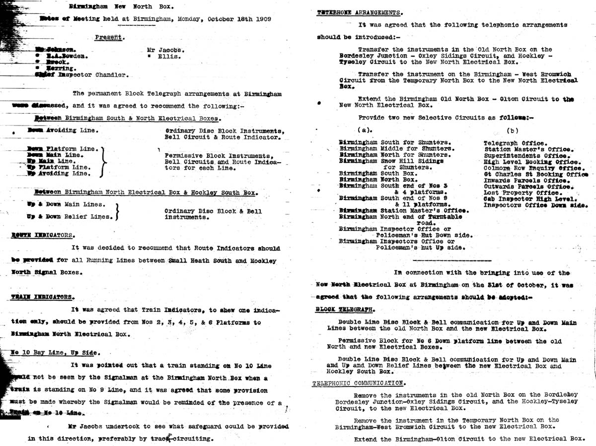 Minutes noting the signalling and telephone requirements, plus arrangements when the North Signal Box opened