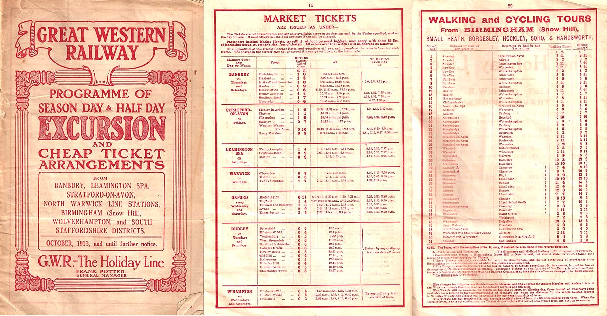 GWR Programme dated October 1913 showing excursions from a variety of West Midlands stations